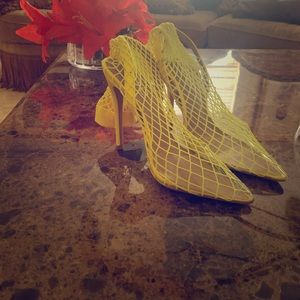 Neon yellow Fishnet heels